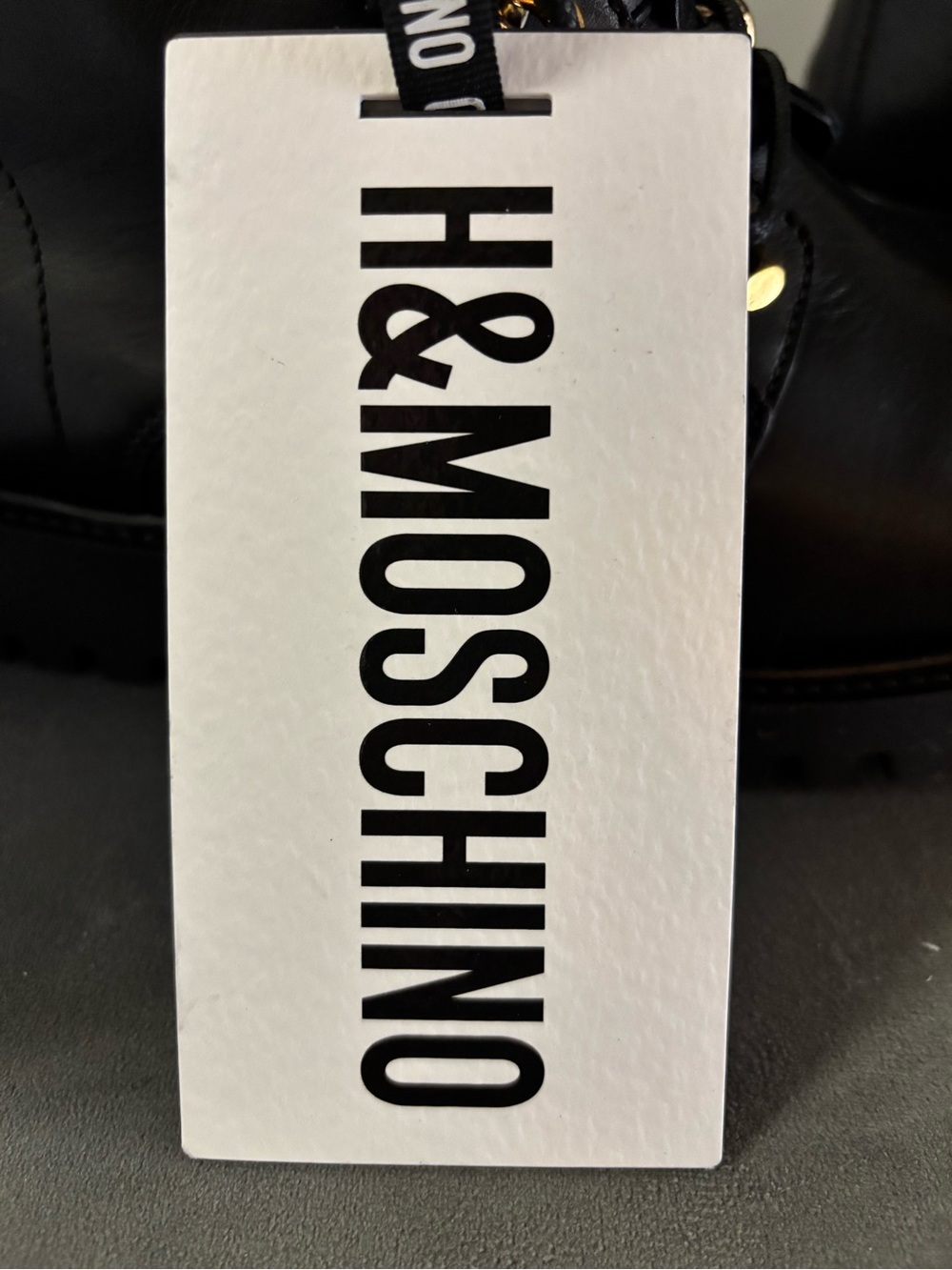 Moschino Black Leather Lace-Up Boots with Gold Chain Trim - Picture 5 of 10